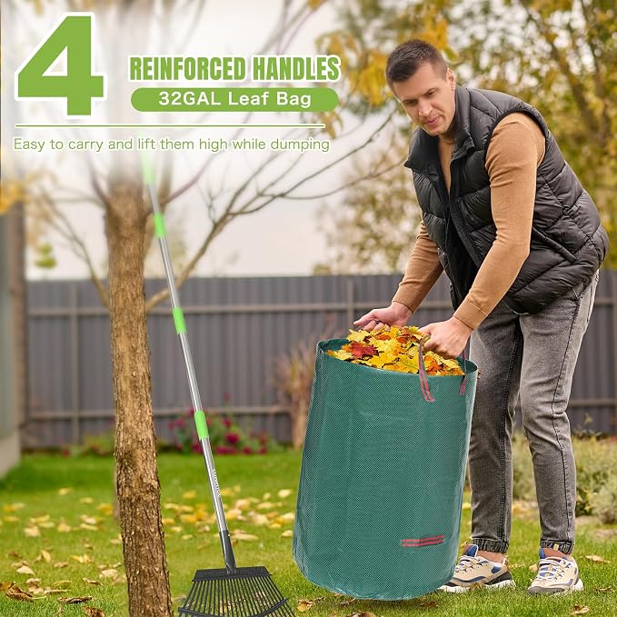 65 Inch 25 Tines Metal Leaf Rake Set with 32 Gal Bags Scoops, 18in Wide | Heavy duty lawn rake, Garden leaf collector, Yard clean up tool, Metal tines rake, Camping gear, Shrub rake, Weed remover