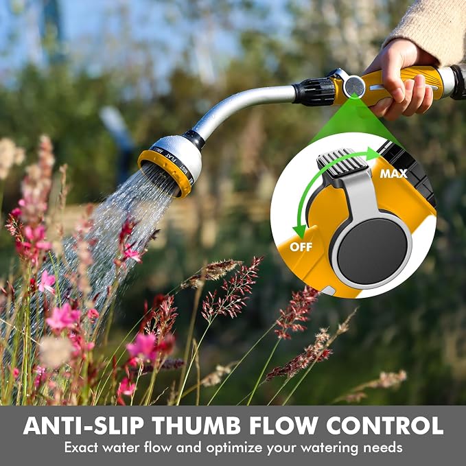 RESTMO Watering Wand Heavy Duty, 15-Inch Long Hose Nozzle Sprayer | 10 Spray Patterns & Thumb Flow Control, Metal Garden Hose Wand for Water Hanging Baskets and Shrubs, Yellow