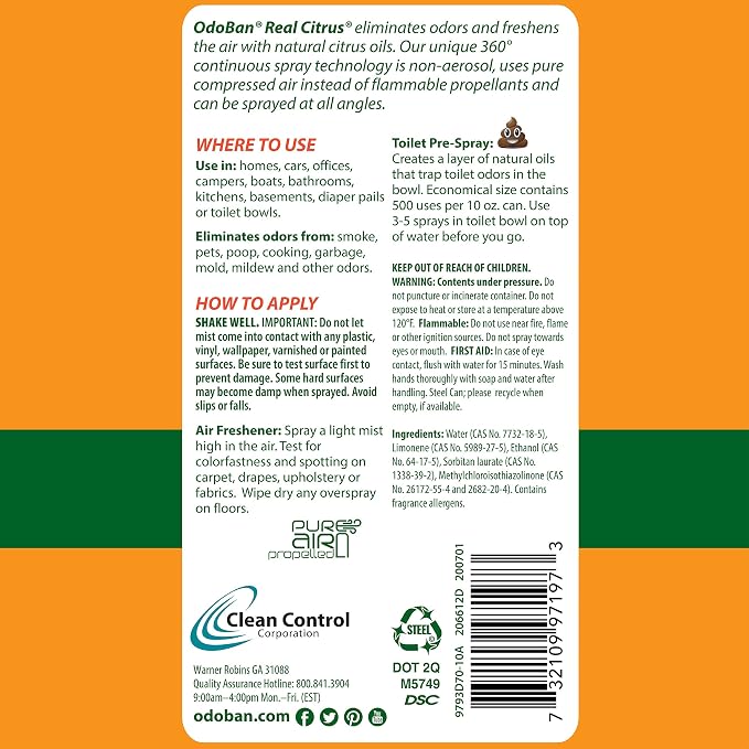 OdoBan 360-Degree Continuous Spray Natural Oil Real Citrus Orange Air Freshener, 10 Ounce, and Multipurpose Disinfectant Cleaner, 32 Ounce Spray, Made in the USA