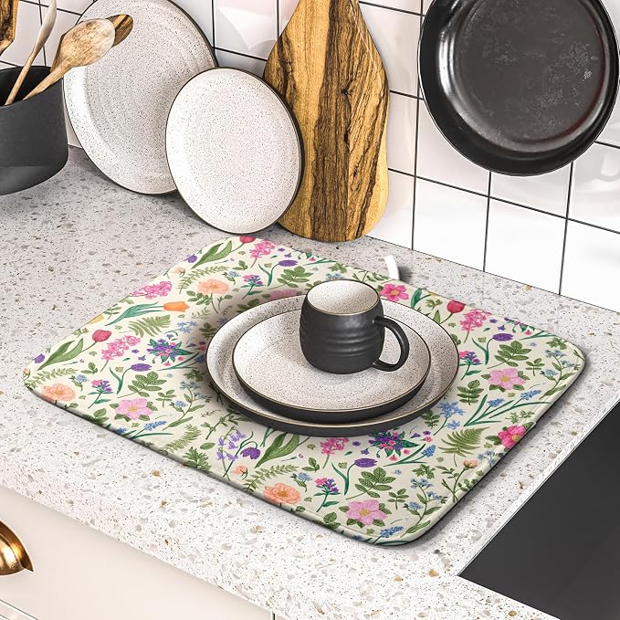 Spring Floral Dish Drying Mat for Kitchen Counter 16x18 Pink Sage Green Flower Vintage Botanical Print Absorbent Reversible Microfiber Drying Mats Kitchen Countertop Protector Dishes Drainer Rack Pad