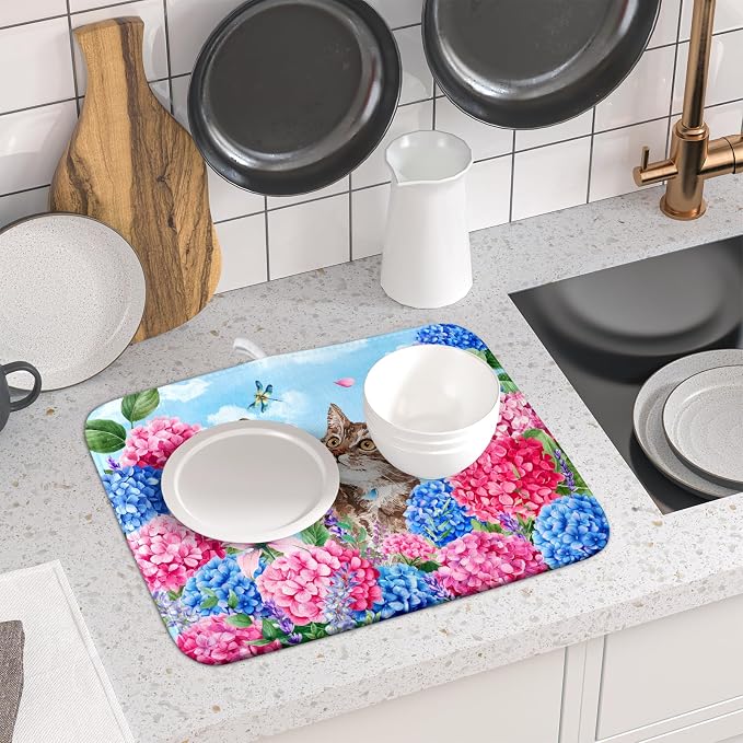 Hydrangea Floral Dish Drying Mat Cute Cat Microfiber Absorbent Dish Drying Pad for Kitchen Counter 16 X 18