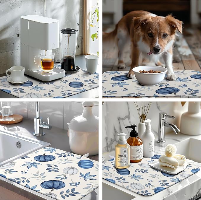 Fall Dish Drying Mat Blue Pumpkin Maple Leaves Drying Mats for Kitchen Counter 18x24 Inch Autumn Thanksgiving Absorbent Microfiber Dish Draining Mat Dishes Pad with Hanging Loop