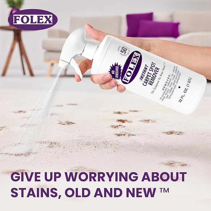 FOLEX Instant Carpet Spot Remover 32 oz – Powerful Stain Remover for Carpets, Upholstery & Rugs – Eliminates Pet Stains, Grease, Red Wine, Food, Makeup & More – With Reusable Cleaning Cloth - 3 Pack