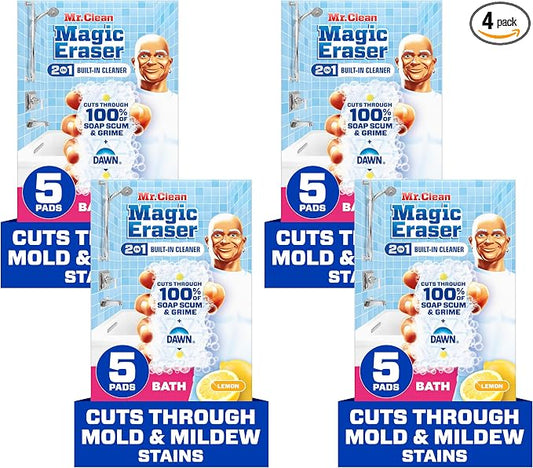 Mr. Clean Magic Eraser Sponge, Bathroom Cleaner, Shower Cleaner, Tub Cleaner, Soap Scum Remover, Bathroom Cleaning Supplies, Dawn Cleaning Power with Lemon Scent, 2 in 1 Bath, 5ct (Pack of 4)