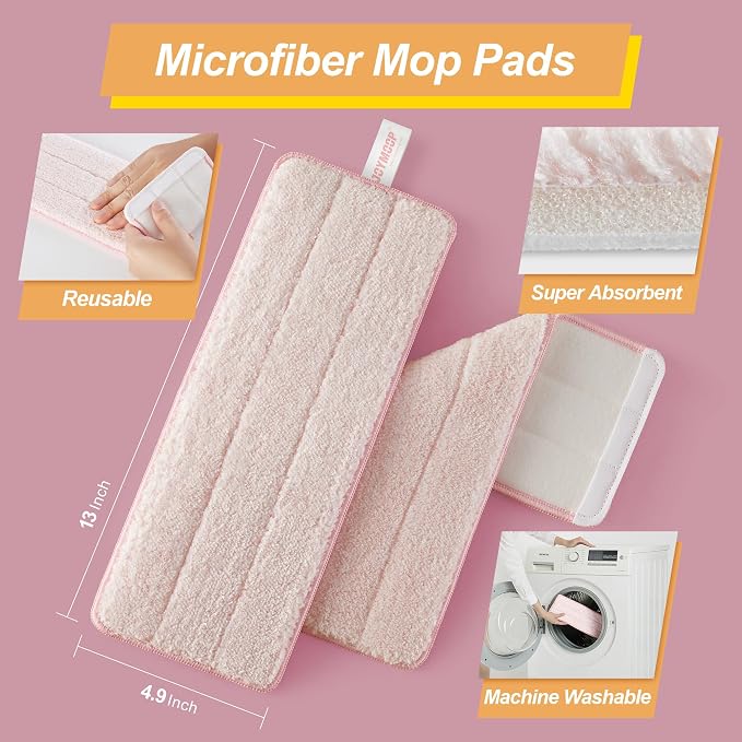 JOYMOOP Microfiber Flat Mop Replacement Pads, Washable Refills for Mop Bucket System, 13 Inch, Pack of 4, Pink