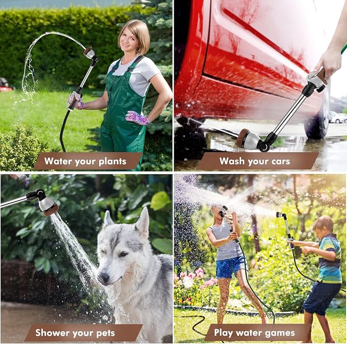 RESTMO Heavy Duty Metal Hose Wand, Watering Wand for Garden Hose | 180° Swivel Ratcheting Head, 16'' Hose Sprayer, 7 Spray Patterns, Flow Control, Ideal for Hanging Baskets & Shrubs, Brown