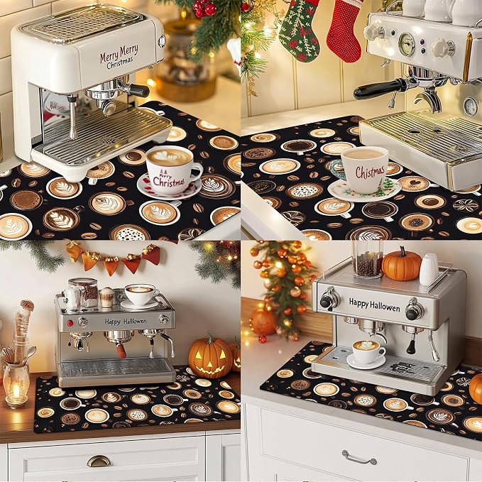 Dish Drying Mat Large Coffee Mat Absorbent Drying Mat for Kitchen Counter Coffee Bar Accessories 32"x 17", Latte Cups