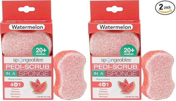 Spongeables Pedi-Scrub Foot Buffer, The Soap is in The Sponge, Contains Tea Tree Oil, Foot Exfoliating Sponge with Heel Buffer and Pedicure Oil, 20+ Washes, Watermelon Scent, 2oz Sponge, 1 Count