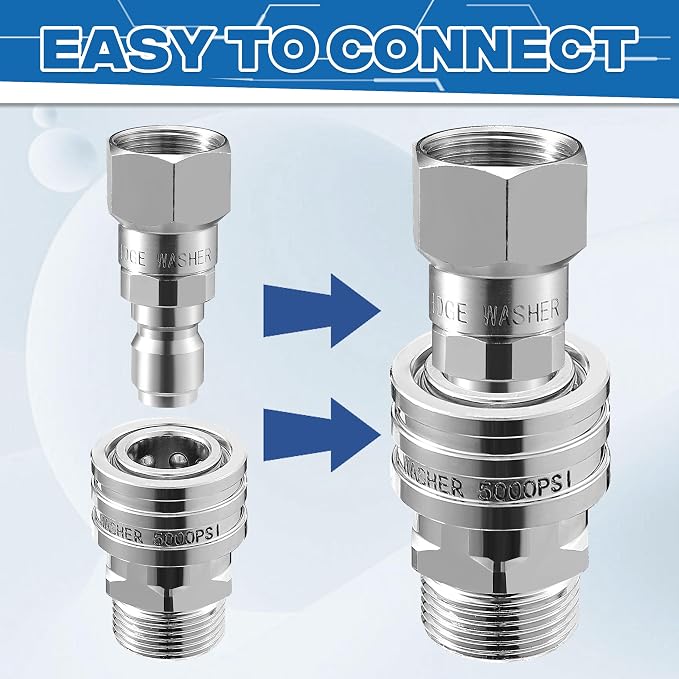 Pressure Washer Swivel Adapter, Stainless Steel, 5000 PSI | M22 14mm to 3/8" Quick Connect, Quick Disconnect for pressure washer hose, 5000 PSI, 4 Pack