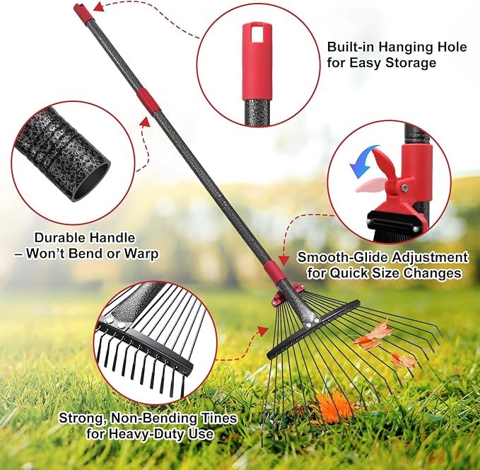 Garden Leaf Rakes for Leaves - 85" Adjustable Roof Cleaning Rake with Expandable Steel Head (8”-17”), Collapsible for Gardening Beds,Lawn,Shrub,Small Areas,Pine Needle& Camping Use