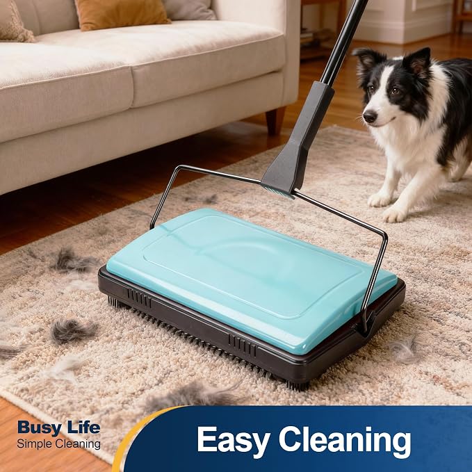 Yocada Carpet Sweeper Cleaner Manual Household Sweeper Lightweight Blue | Non-Electric Hand Push for Home Office Low&Undercoat Carpets Rugs Pet Hair Dust Scraps Paper Rubbish Cleaning with a Brush