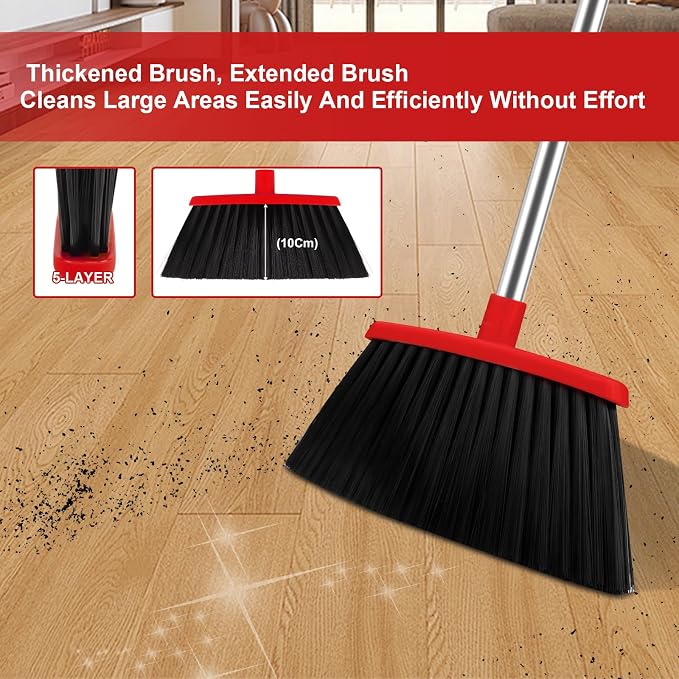 Red Broom and Dustpan Combo Set, 51" Long Handle Broom | Built-in Comb Dustpan for Pet Hair Removal, Foldable Upright Storage Design