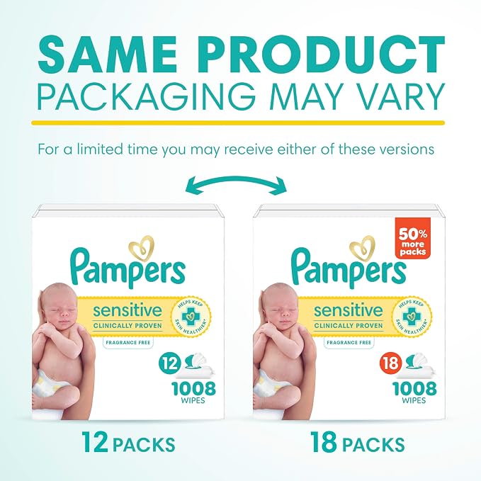 Pampers Sensitive Baby Wipes, Water Based, Clinically Proven, Hypoallergenic, and Unscented for Babies, 1008 Wipes Total (12 Flip-Top Packs) [Packaging May Vary]