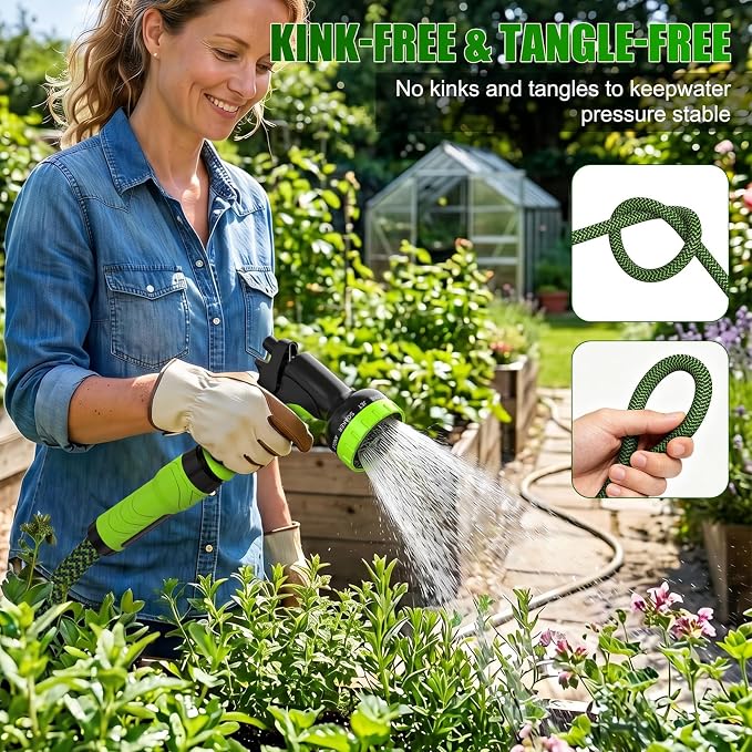 NON-EXPANDABLE Garden Hose 100ft x5/8'', Heavy Duty Flexible Water Hose with 10-Function Sprayer, Lightweight, Leak Proof, Durable Fabric Skin, Pressure Resistant for Yard, Outdoor