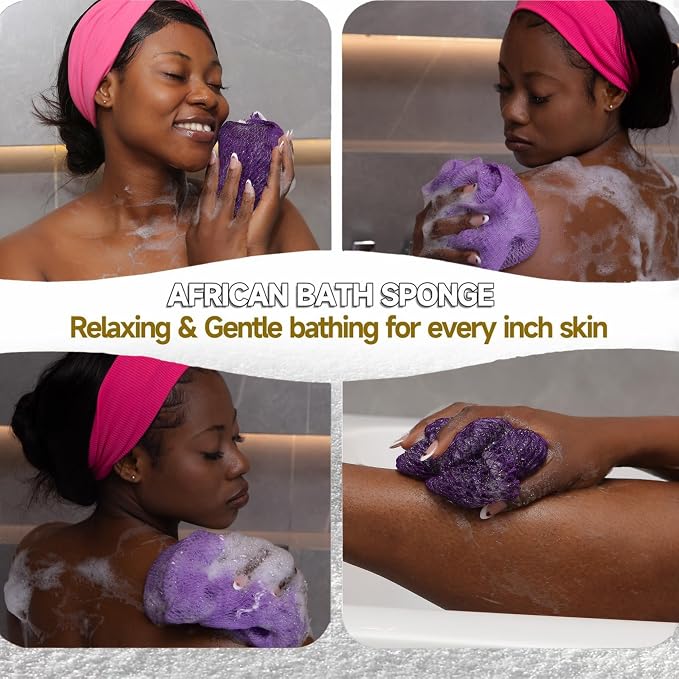 SubSahara Authentic African Net Sponge - 2 Pack Exfoliating Bath & Shower Loofah Sponge for Body & Face, Gentle Scrubber for All Skin Types, Travel, Durable (Deep Purple & Iavender Purple)