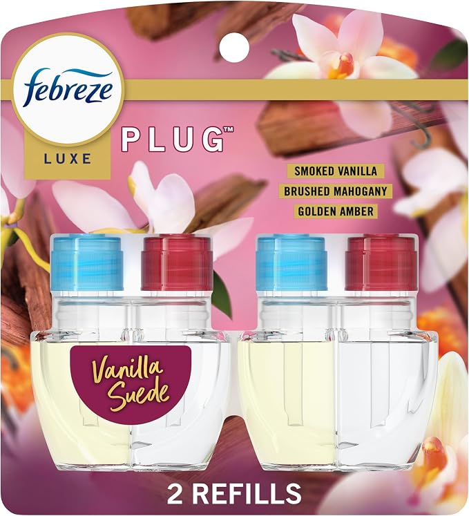 Febreze Plug In Air Freshener, Odor-Fighting Scented Oil Refill, Vanilla Suede Scent, 2 Refill