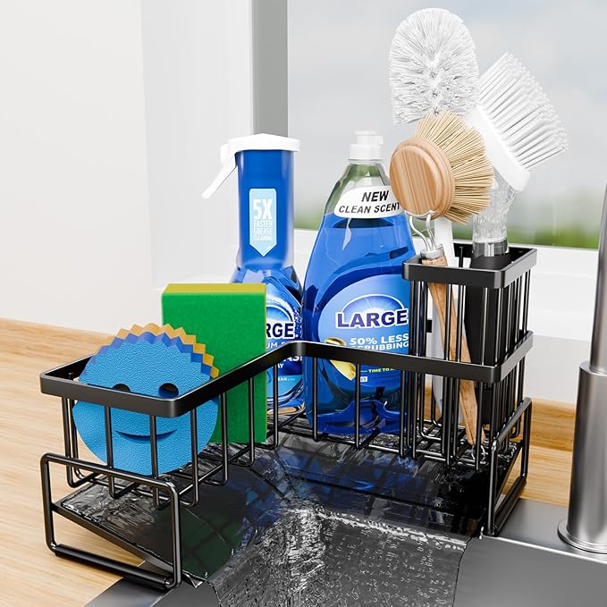 Fikoksol Large Sponge Holder for Kitchen Sink, 90-Degree Sink Caddy Organizer with Dish Brush Holder for Countertop Corner Storage Rack, Metal L-Shaped Kitchen Sink Sponge Soap Organizer Storage Ideas