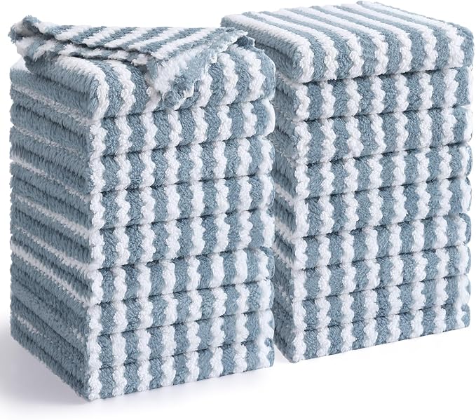 Homaxy 18 Pack Kitchen Dish Cloths, Ultra Soft and Absorbent Dish Towels, Reusable Fast Drying Microfiber Cleaning Cloth, Coral Velvet Wave Design No-lint, 10 x 10 inches, Dusty Blue
