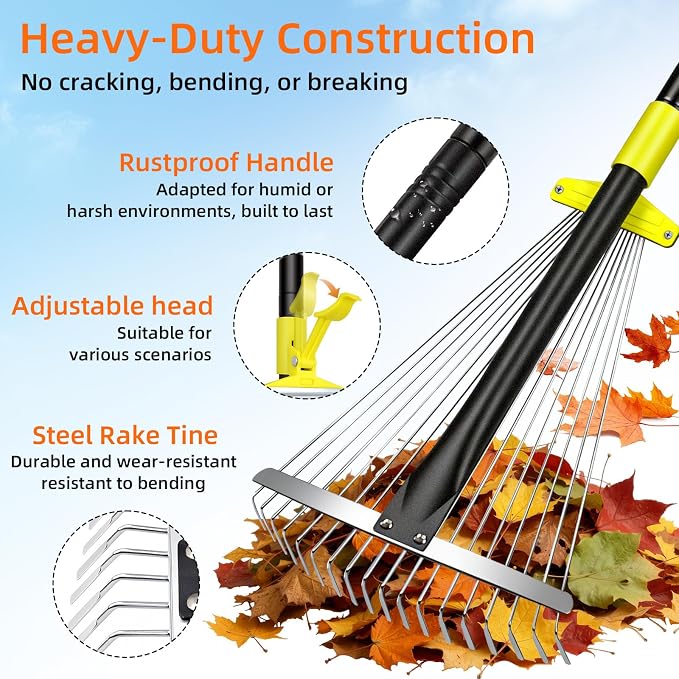 Byhargen Adjustable Metal Leaf Rake, Heavy Duty Garden Rake with Wide & Narrow Modes, Rustproof Steel Head, Adjustable Handle for Lawn Care, Yard Clean Up, and Mulch Spreading