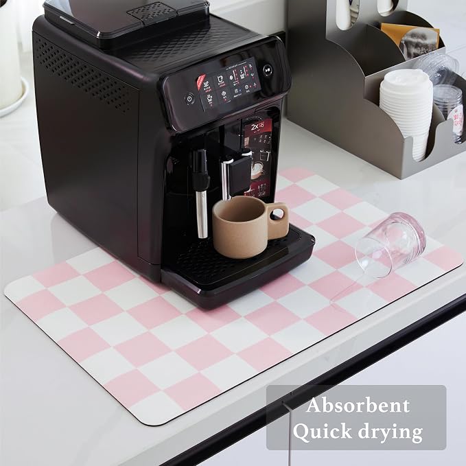 Ohocut Checkered Dish Drying Mat for Kitchen Counter, Coffee Bar Station Accessories, Retro Cute Aesthetic Girly Women Modern Absorbent Drainer Mat Kitchen Drying Mat Easy Clean, Pink 12" x 19"