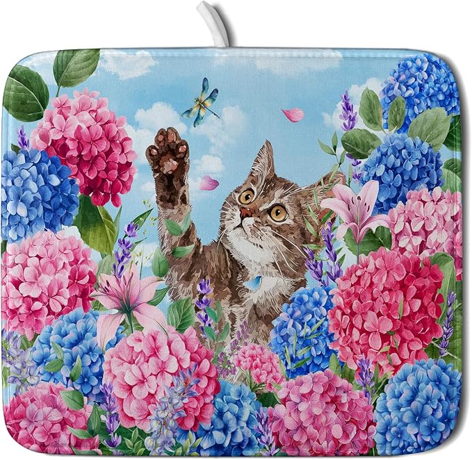 Hydrangea Floral Dish Drying Mat Cute Cat Microfiber Absorbent Dish Drying Pad for Kitchen Counter 16 X 18