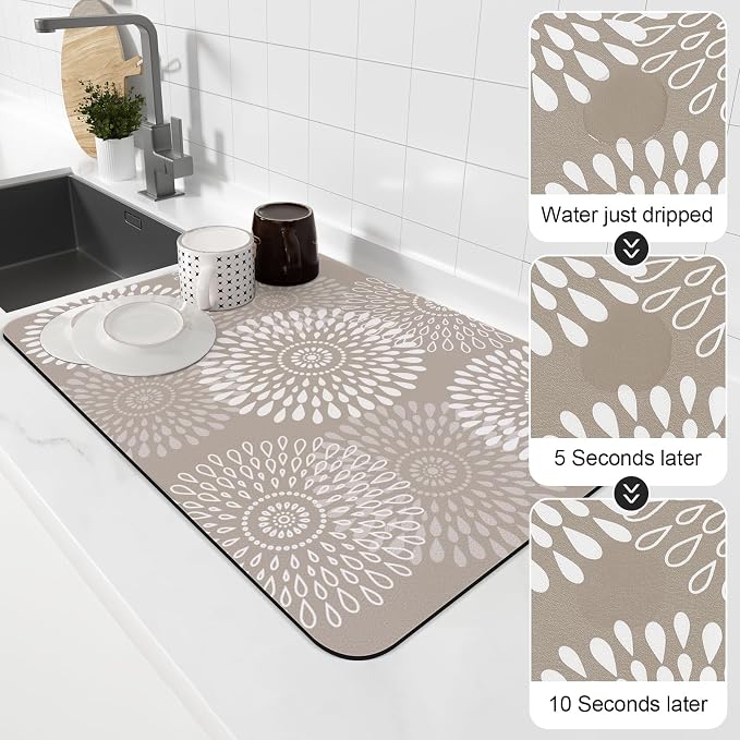 LuxStep Dish Drying Mat Super Absorbent Kitchen Counter Mat Rubber Backing Draining Mat Easy to Clean Kitchen Accessories Dish Rack Pad for Dishes, Utensils, Countertops, Sinks 16" x 24" Khaki