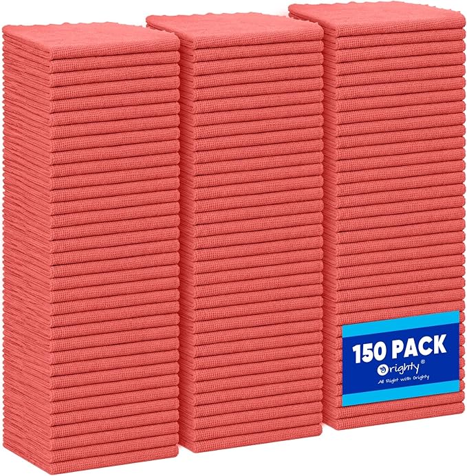 Orighty Cleaning Cloths Bulk, 150 Pack Shop Rags Reusable, Multi-Purpose Shop Towels for Cars, Microfiber Cleaning Rags for Automotive, Mechanic, Kitchen, Lint Free Towels 12x12 Inch, Red