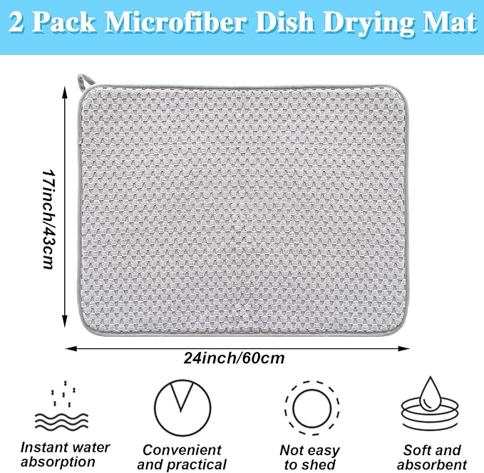 2 Pack Microfiber Dish Drying Mat,24*17 inch Absorbent Dish Drainer Kitchen Counter,Large Size Dish Drying Pad for Countertops,Sinks,Draining Racks(Gray)