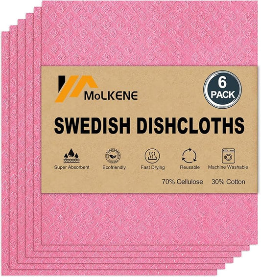 MoLKENE Swedish Dishcloths for Kitchen | 6 Pack Absorbent Cellulose Sponge Cloths Washable | Non-Scratch Reusable Paper Towels Quick Drying Cleaning Cloths - Pink