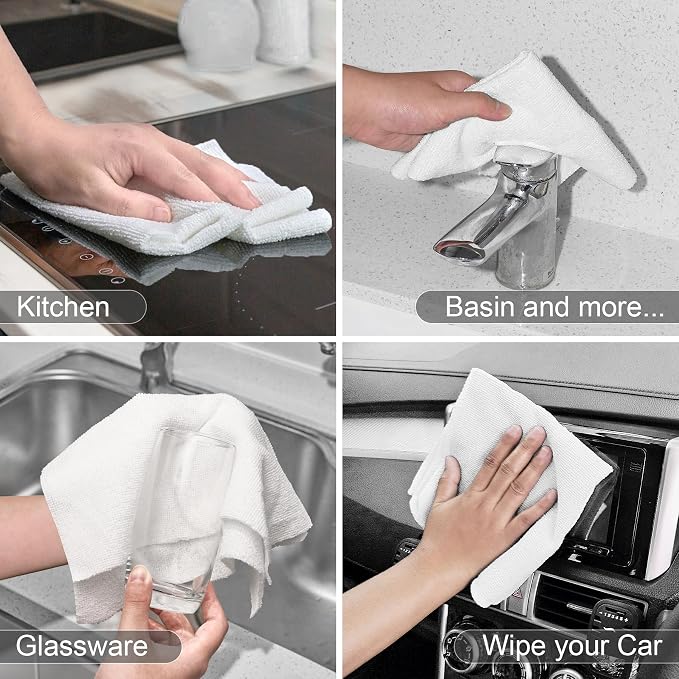 UPSTAR Microfiber Cleaning Cloth, Reusable Paper Towels Rolls, 50 Packs 12x12 inch Cleaning Rags for Washing Dishes, Kitchen, Bathroom, Car, White