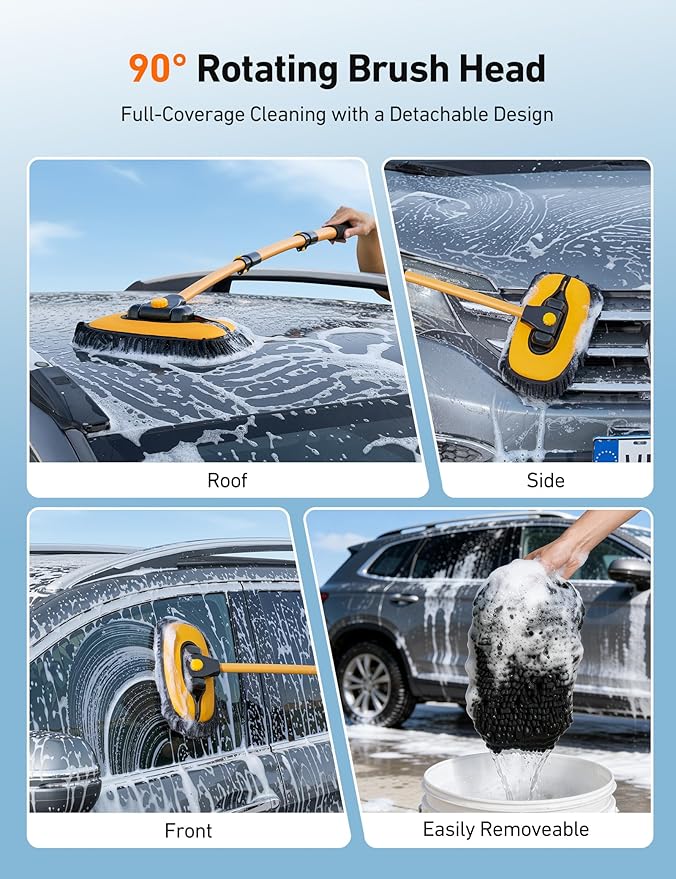 AstroAI 15°Curved Car Wash Brush with 43" Long Handle and 90° Rotating Replaceable Brush Head, Car Wash Kit with Microfiber Towel and Tire Brush for Car, SUV, RV, Floor Cleaning, Yellow