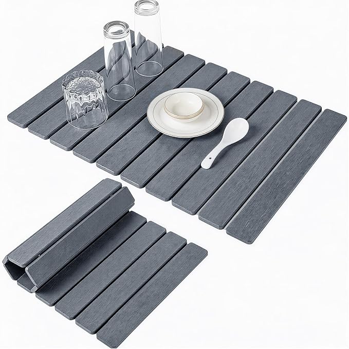 Large Stone Dish Drying Mats for Kitchen Counter 24"(L)×16"(W) Foldable Quick Dry Stone Dish Drying Mats Kitchen Absorbent Diatomaceous Earth Drying Stone Mat for Dishes Bottles Cups Dark Gray