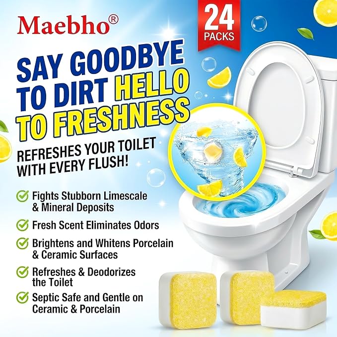Toilet Bowl Cleaner Tablets – Lots of Foam Deodorizer & Septic Safe, Odor Eliminator, Stain Remover for Long-Lasting Freshness,No Harsh Chemicals,– Fresh Lemon Scent 24 Pack