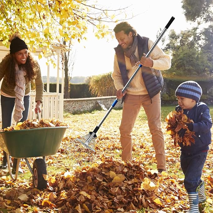 SANLIKE 68" Adjustable Metal Leaf Rake, Heavy Duty Lawn Thatch Rake | Sturdy metal rake head with extendable 68-inch adjustable handle, heavy-duty durable structure for lawn thatch & leaf cleanup