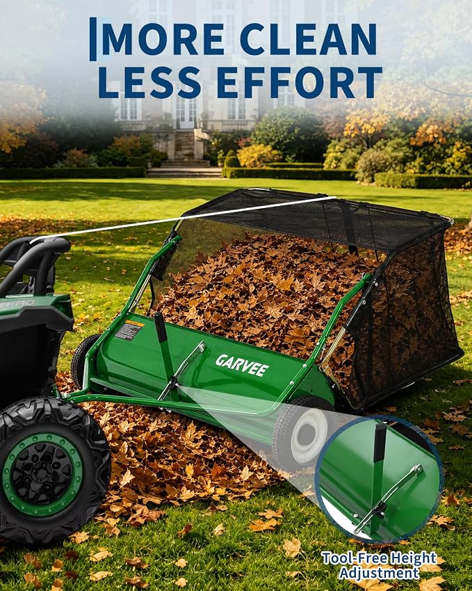 Garvee Tow Behind Lawn Sweeper 48 Inch, Heavy Duty Leaf & Grass Collector | Yard Sweeper Pull Behind,16 cu.ft. Leaf Collector,Tool-Free Adjustable Brush Height,Dumping Rope for Yard,Driveway,Sidewalk