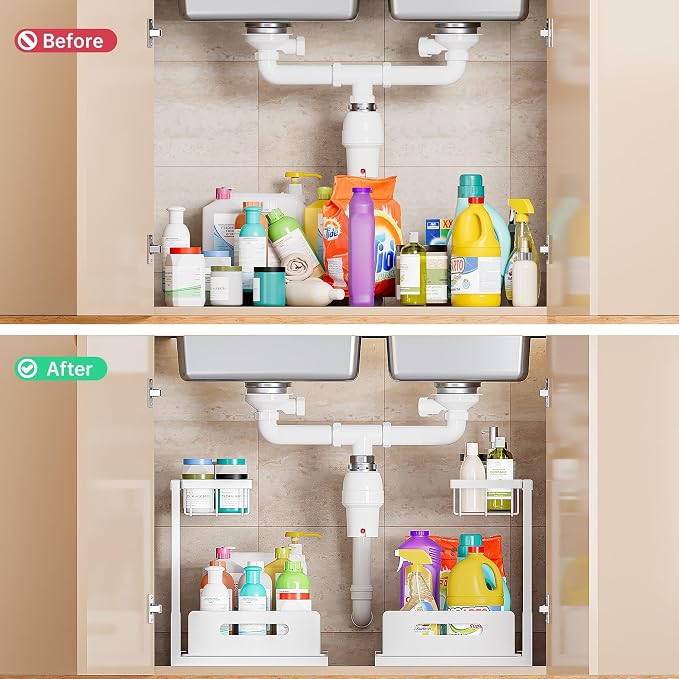 Under Sink Organizer and Storage 2 Pack, Slide Out Cabinet Organizer, Pull Out Sink Shelf for Kitchen Bathroom Laundry, White