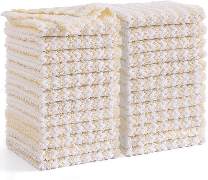 Homaxy 24 Pack Kitchen Dish Cloths, Ultra Soft and Absorbent Dish Towels, Reusable Fast Drying Microfiber Cleaning Cloth, Coral Velvet Wave Design No-lint, 10 x 10 inches, Beige