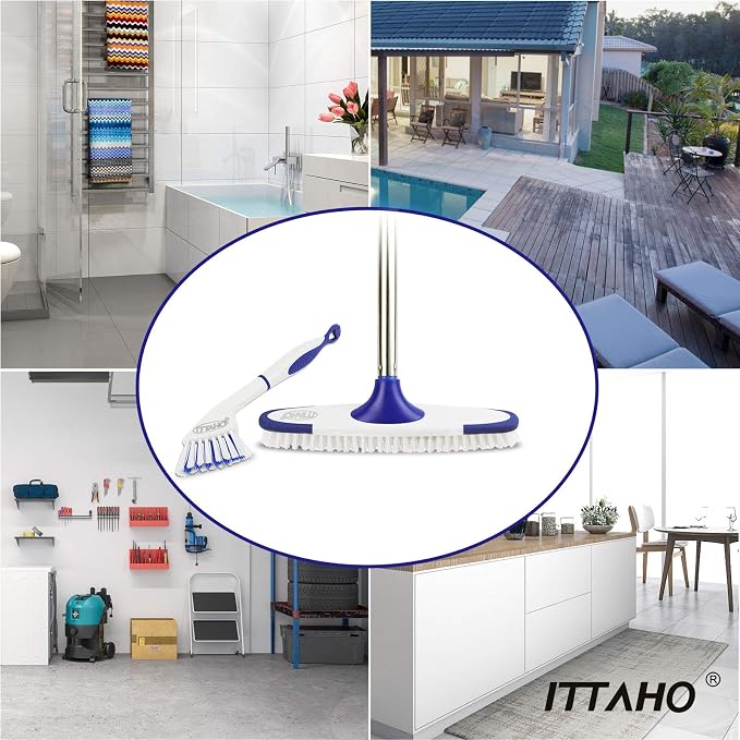 Floor Scrub Brush with Long Handle - 53" Deck & Grout Cleaner Brush Set for Tile, Marble, Stone, Bathroom, Patio, Garage, Deck & Floor Cleaning
