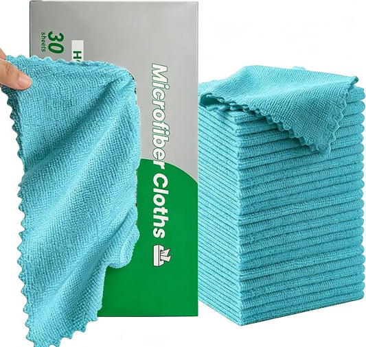 30 Pack Microfiber Cleaning Cloths, Dish Towels for Kitchen, Cleaning Rags for Car, Window, Bathroom, Household, Ultra Absorbent Cleaning Supplies Lint Free Streak Free, Reusable & Washable (Blue)
