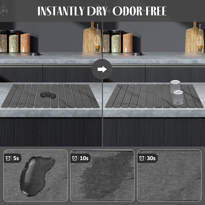 Large Stone Dish Drying Mat for Kitchen Counter, Quick Dry Dish Drying Mats, Foldable Absorbent Diatomaceous Earth Mats for Dishes Bottles Cup, Match Any Countertop (Gray Marble 28"×16" & 8"x4")