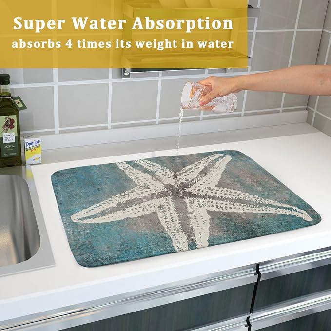 Giwawa Vintage Starfish Dish Drying Mat Coastal Beachy Nautical Drainer Rack Mat 18"x24" Absorbent Washable Dish Dry Pad for Kitchen Counter Sink
