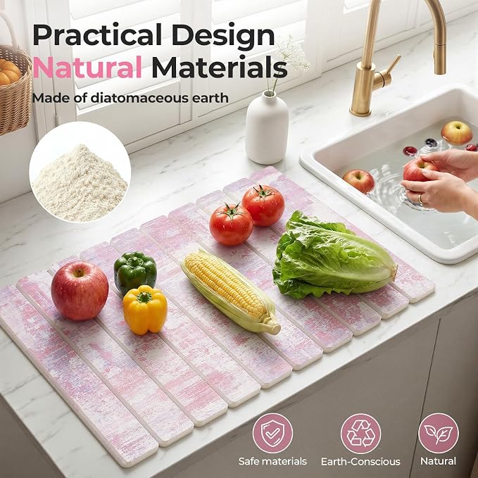 Findosom Large Stone Dish Drying Mat for Kitchen Counter, 23.6" × 15.3" Foldable Non-Slip Stone Drying Mat with Abstract Pattern, Heat Resistant Diatomaceous Earth Mat for Bath, Dishes, Cups, Pink