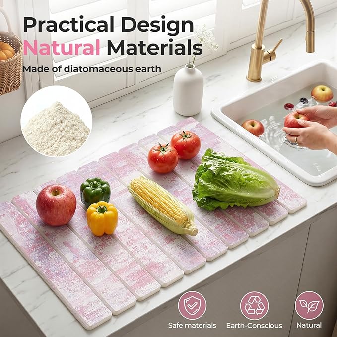Findosom Stone Dish Drying Mat for Kitchen Counter, 15.7" × 11.8" Foldable Non-Slip Stone Drying Mat with Abstract Pattern, Heat Resistant Diatomaceous Earth Mat for Bath, Dishes, Cups, Pink