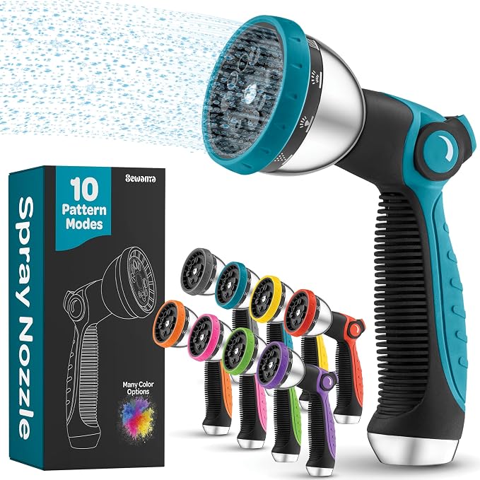 Hose Nozzle [Blue] Heavy Duty Hose Sprayer With 10 Adjustable Watering Patterns. Thumb Control Design, Comfortable Ergonomic Grip, Garden Hose Nozzle for Watering Plants & Lawns/Fun showers/Cleaning