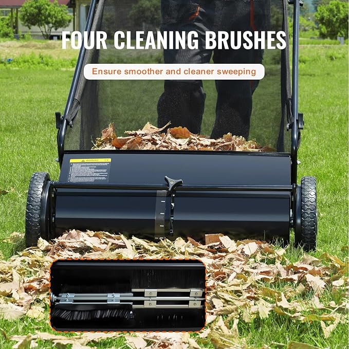 26 Inch Push Lawn Sweeper, Hand Powered Leaf & Grass Sweeper with 7 Cu Ft Hopper, 4 High-Speed Brushes, Height Adjustable, ABS & Steel Frame for Yard Lawn Cleanup (Black 2, 26 Inch)