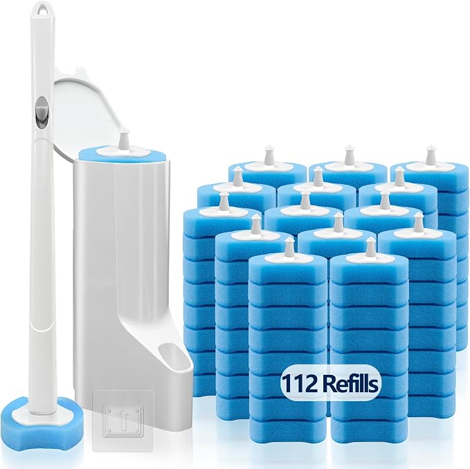 Disposable Toilet Brush and Holder Set with 112 Toilet Bowl Wand Refills | Wall-mounted Toilet Scrubber Kit-16.81" ABS Handle&Holder, 112 Sponge Brush Heads for House, Apartment, RV Bathroom Cleaning