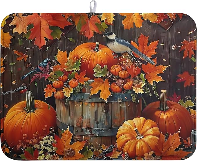 Fall Pumpkin Maple Leaf Bird Dish Drying Mat for Kitchen Counter 18x24 Inch Autumn Harvest Reversible Microfiber Drying Mats Thanksgiving Drying Pad Orange Brown Super Absorbent Dish Drainer Mats