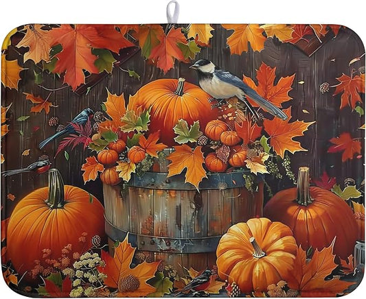 Fall Pumpkin Maple Leaf Bird Dish Drying Mat for Kitchen Counter 18x24 Inch Autumn Harvest Reversible Microfiber Drying Mats Thanksgiving Drying Pad Orange Brown Super Absorbent Dish Drainer Mats