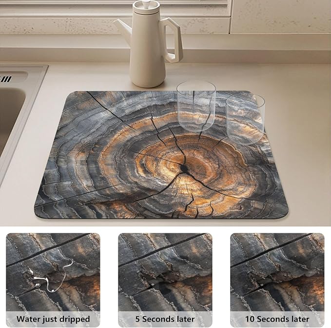 Dish Drying Mat for Kitchen Counter Wood Grain Black Absorbent Coffee Bar Mat Diatom Ooze Dish Drying Pad for Countertop Tabletop Decoration 15.7" X 11.8"