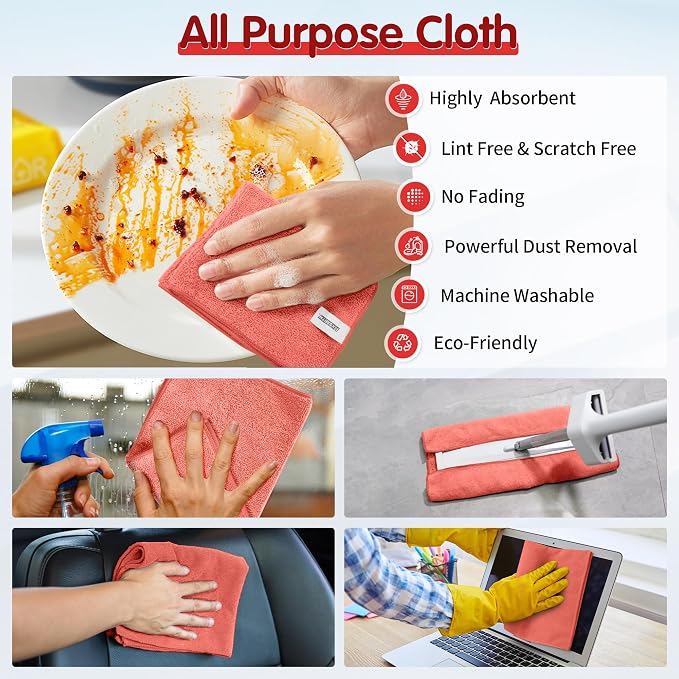 FIXSMITH Red Microfiber Cleaning Cloth -Pack of 8, Highly Absorbent Cleaning Rags, 16"X12" All Purpose Cleaning Towels for Housekeeping, Kitchen, Car, Lint Free and Reusable Microfiber Towels